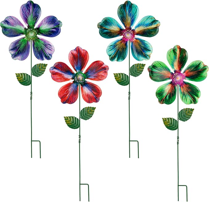 Metal Flowers Garden Stakes Outdoor Decor, 17 inch Shaking Flower Garden Yard Art, Weather Proof Flower Stakes for Yard Lawn Porch Pathway Patio Plant Pot Decorations, 4 Pack (Flower-a-Head)
