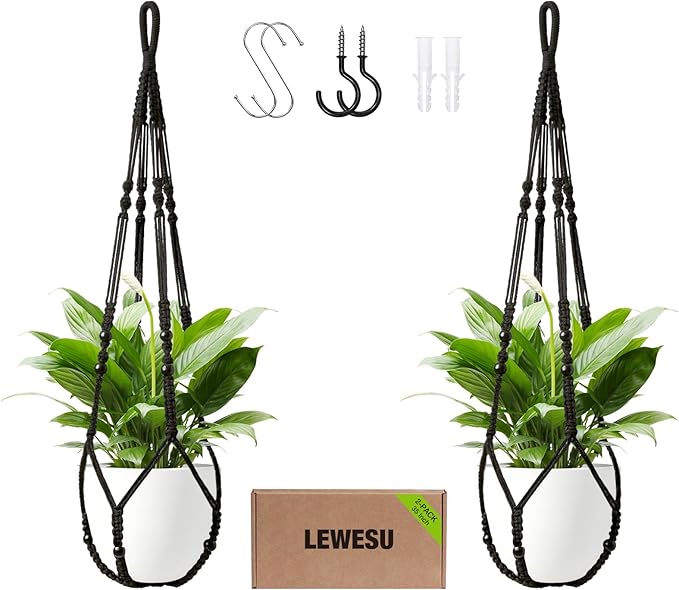 LEWESU Macrame Plant Hanger Indoor Set of 2 with 4 Hooks, Indoor Outdoor Hanging Planter for Plants Holder with Decorative Wood Beads & No Tassels, Boho Home Decor, 35 Inch Black (Pots Not Included)