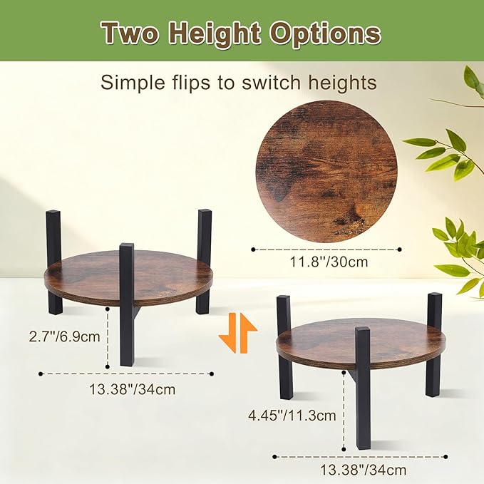 Vigordream Plant Stand Indoor, Heavy Duty Sturdy Metal Wooden Plant Holder Stool, Low Short Single Flower Pot Stand Decoration Racks for Home, Patio &Garden (Dark Brown, Large (2pack))