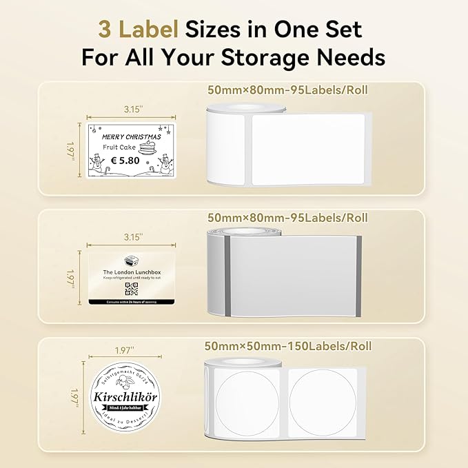 NIIMBOT Thermal Label Tape 3 Rolls, Compatible with B1 B21 B31 Label Maker | Multi-Size Pack, 50x80mm White, 50x80mm Clear, 50x50mm Round | for Address, Jar, Gift, Logo & File Organization Stickers