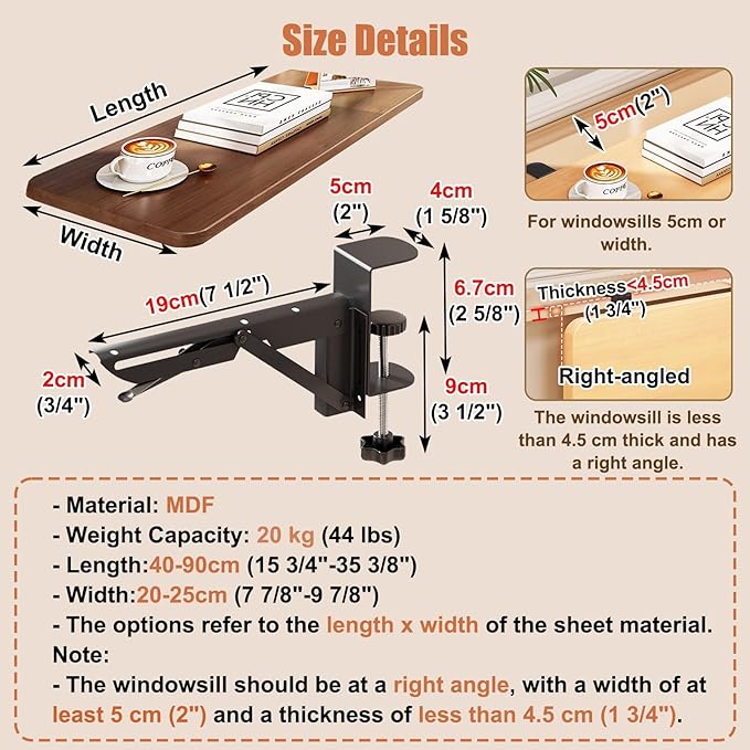 Clamp Window Sill Plant Shelf Foldable, No Drill Desk Extender Tray Space Saving, Wood Window Sill Extender Removable, Countertop Gap Rack(Walnut,70x25cm(27.6x9.8in))