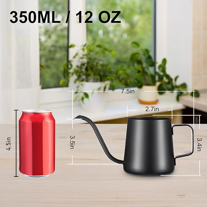 12 oz / 350 ml Small Watering Can Indoor Plants, Stainless Steel Plant Watering Can with Long Spout (Black) (12oz)