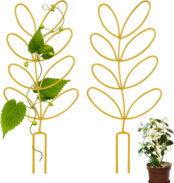 Metal Trellis for Potted Plants, 2 Pack 12'' Small Leaf Shape Plant Climber Supports Mini Garden Trellis Indoor Climbing Plants Stakes Houseplant Accessories for Hoya Vines, Pothos, Flower, Monstera