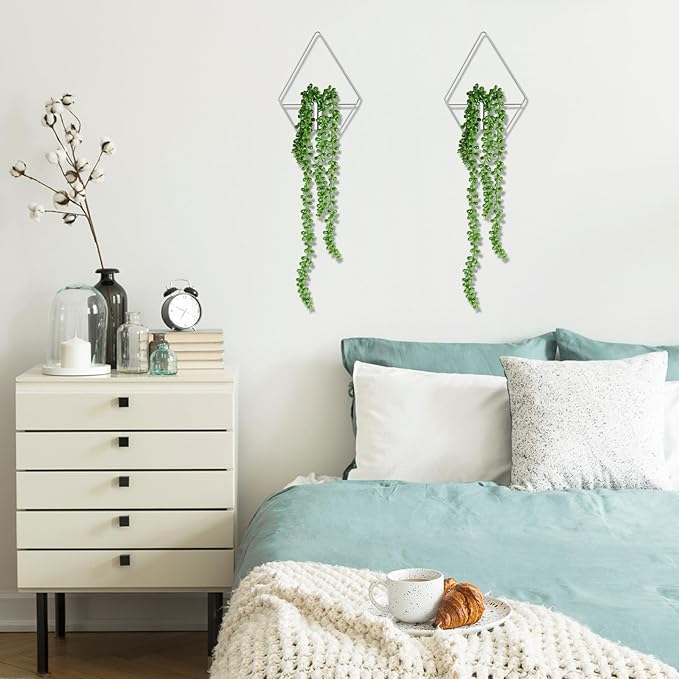 Canlierr 2 Pieces Wall Decor Hanging Planters with Artificial Plants Metal Hanging Vase Indoor Plants Holder Modern Boho Wall Art for Bathroom Bedroom Living Room Decor, Silver, Succulents