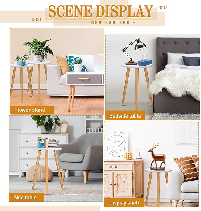 Briwooody 2 Pcs Wood Plant Stands Indoor Wooden Stool for Plants Mid Century Vintage Modern Flower Pots Holder Round Side Table End Table Plant Stools for Living Room Corner Balcony Decor(White)
