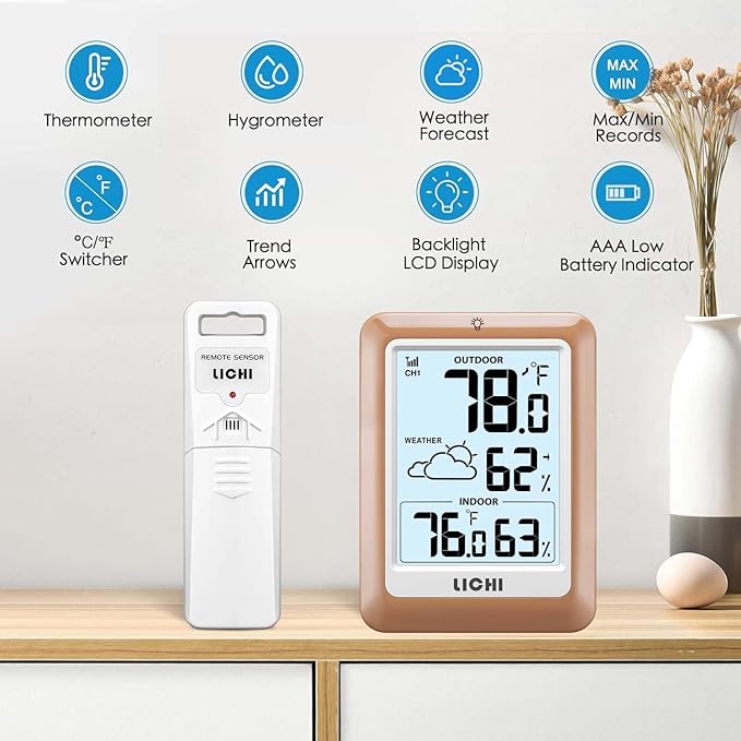 Indoor Outdoor Thermometer Wireless Weather Station, Internal External Thermometer Hygrometer, Home Batteryoperated Temperature Humiditymonitors330 Feet (About 100 Meters) Backlight Display (Khaki)