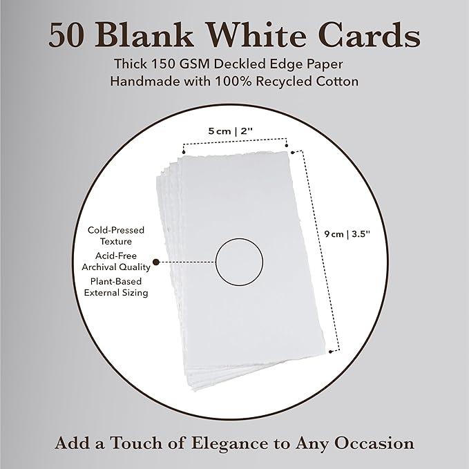 Wanderings Handmade Deckle Edge Tent Cards – Folded to 2"x3.5" – 150 GSM - 25-Pack – Textured Cotton Paper – Ideal for Blank Names, Table Settings, Gift Tags, Love Notes
