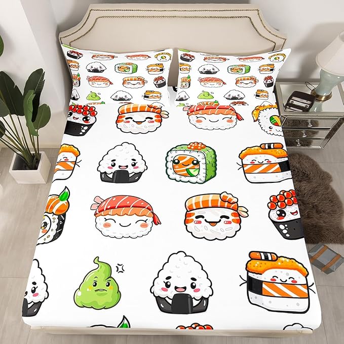 Kids Bed Sheets Queen Size Cute Sushi Print Bed Sheet Set For Girls Boys Children Bedroom Kawaii Decor Cartoon Japanese Style Bedding Set Teens Sheets Set with Fitted Sheet, Flat Sheet,2 Pillow Case