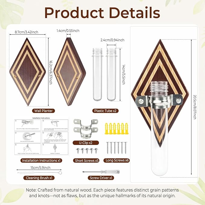 2 Pack Hanging Propagation Stations, Wooden Wall Plant Holder with Terrarium for Hydroponic Cuttings, Decorative Wall Planter for Home Office Decor