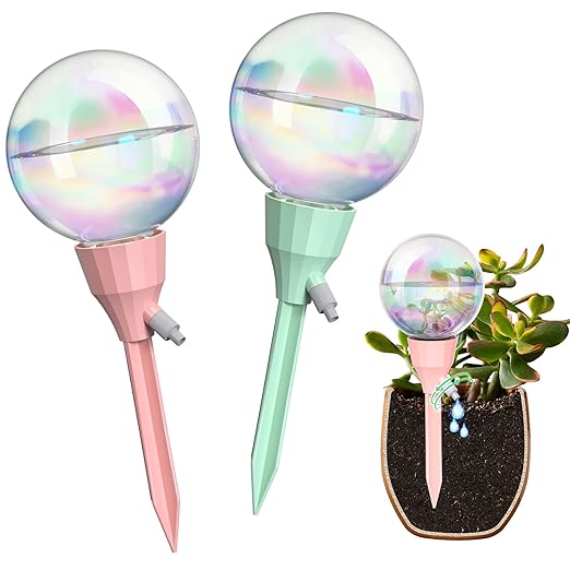 NiHome 2PCS 16OZ Plant Self-Watering Drippers with Adjustable Flow Control, Long-Lasting Automatic Watering Globes for Indoor Outdoor Plants, Tulip Shape Design for Small to Medium Pots (Pink + Green)