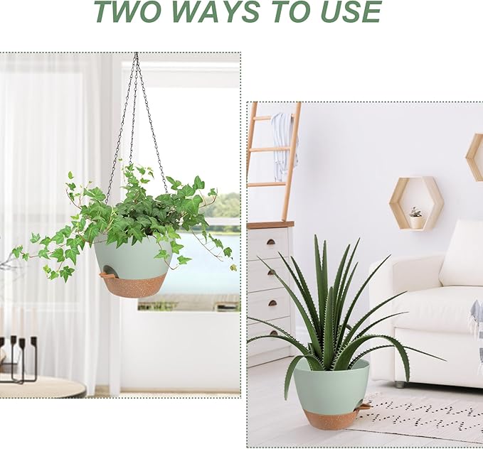 Vanslogreen Hanging Planters for Indoor Outdoor Plants, 1 Set Self Watering Hanging Pot with Drainage Holes & Removable Tray (Green-12inch, 12'')