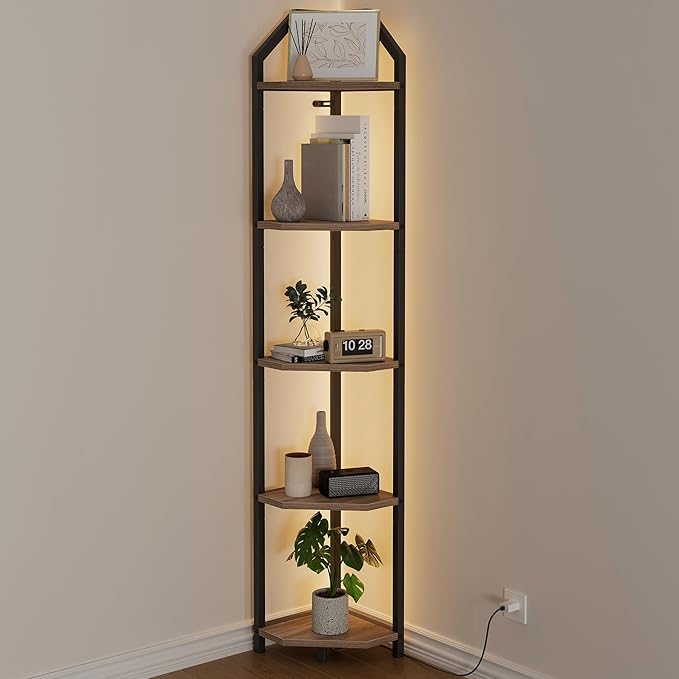 70 Inch Corner Shelf with LED Lights, 5-Tier Corner Bookshelf for Small Spaces, Wood & Metal Storage Rack for Bedroom, Living Room, Office - Modern Space Saving Design- Grey