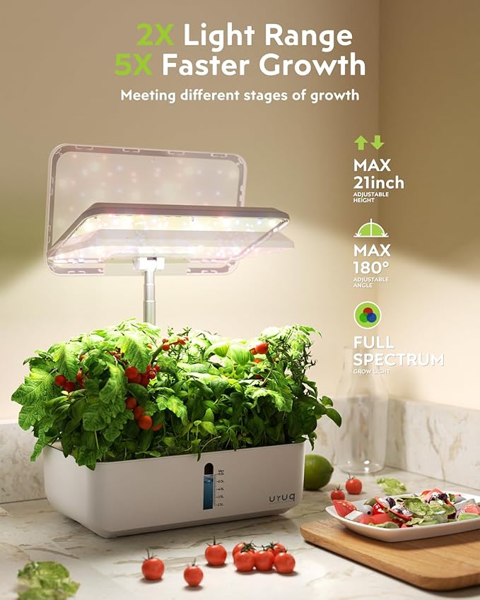 URUQ Hydroponics Growing System Garden: 12 Pods Indoor Gardening System with Custom Time Grow Light Height Adjustable Quiet Plants Germination Kit - Gardening Gifts White