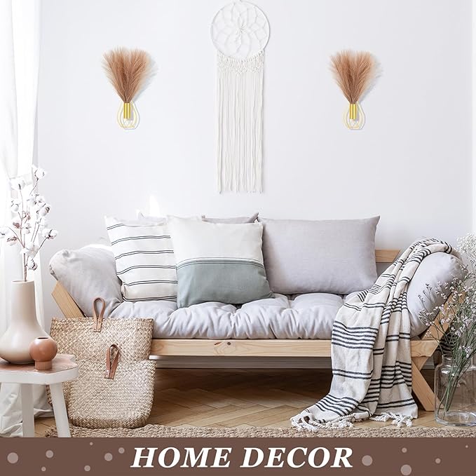 Otoolling 2 Pieces Hanging Plant Wall Decor with Artificial Pampas Grass Metal Hanging Vase Modern Geometric Farmhouse Bohemian Wall Art for Living Room Bedroom Kitchen Office(Gold, Light Brown)
