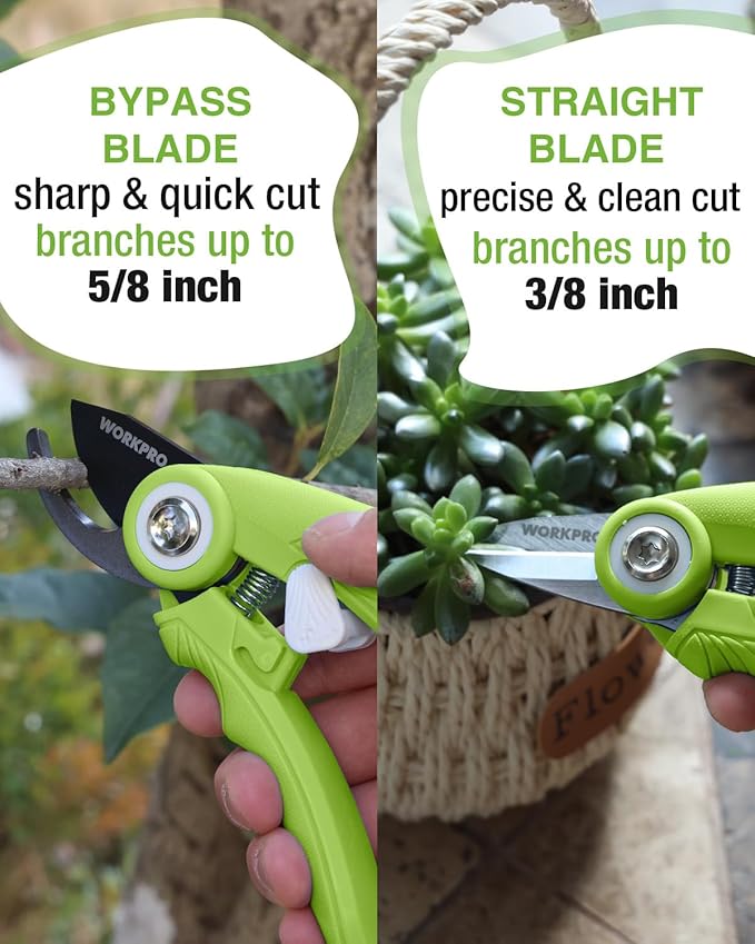 WORKPRO 2-Pack 6.9" Garden Pruning Shears, Bypass & Straight Gardening Scissors with SK5 Steel Blade, Handheld Garden Floral Clippers for Rose, Plants, Flowers, Gardening Gifts for Women & Men, Green