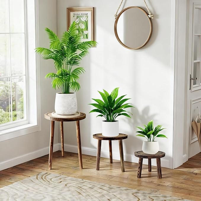 Janedream 3-Pack Wooden Plant Stands, Indoor Small Plant Stool Set, Multi-Purpose Single Plant Table for Living Room, Balcony, Office & Corner Display