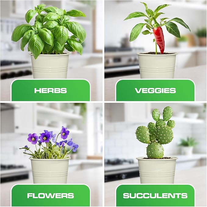 Plexon Herb Planter Indoor Garden Set of 3 with Tray, Metal Herb Pots for Indoor Plants, Round Kitchen Garden Kit Ideal for Windowsill Planter or Countertop, Off-White Powder Coated