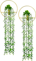 GREENTIME 2 Pack Fake Succulent Plants Hanging Artificial Ivy Vine with Gold Round Metal Hanging Vase Faux Hanging Eucalyptus for Teacher Appreciation Living Room Bedroom Boho Kitche Wall Shelf Outdoo