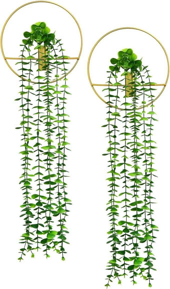 GREENTIME 2 Pack Fake Succulent Plants Hanging Artificial Ivy Vine with Gold Round Metal Hanging Vase Faux Hanging Eucalyptus for Teacher Appreciation Living Room Bedroom Boho Kitche Wall Shelf Outdoo