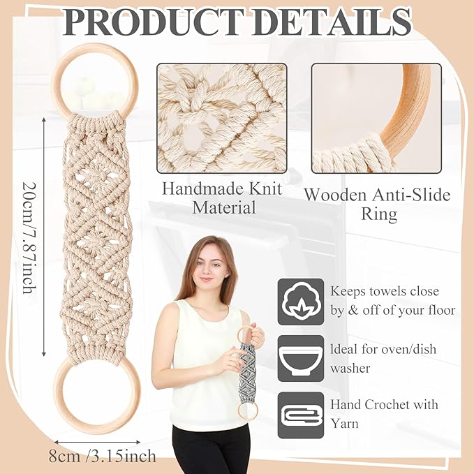 Tioncy 4 Pcs Kitchen Dish Towel Holder Mother's Day Gifts Boho Handmade Crochet Hanging Towels Loop Ring Knit Towel Hanger for Cabinet House Oven Stove Door, 4 Colors(Gray)