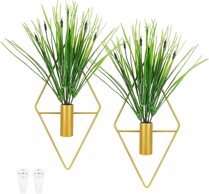 M METERXITY 2 Set Plant Wall Decor, Hanging Planters with Artificial Aquatic Plant Metal Hanging Vase Diamond Shape Wall Planter Holder Boho Room Decor for Garden/Backyard/Room [Golden]