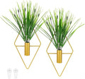 M METERXITY 2 Set Plant Wall Decor, Hanging Planters with Artificial Aquatic Plant Metal Hanging Vase Diamond Shape Wall Planter Holder Boho Room Decor for Garden/Backyard/Room [Golden]
