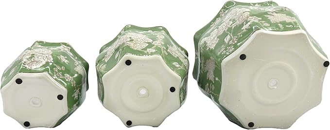 Galt International Green & White Round Fluted Floral Porcelain Ceramic Plant Flower Planter Pot Set of 3 (7.5", 10", 13") Garden Pots Chinese Asian Design