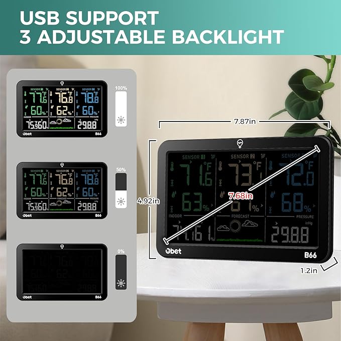 OBET Weather Station Wireless Indoor Outdoor Thermometer Wireless, Color Display Digital Temperature and Humidity Monitor with 3 Sensors, Alerts, Adjustable Backlight, USB Port (500 Feet)