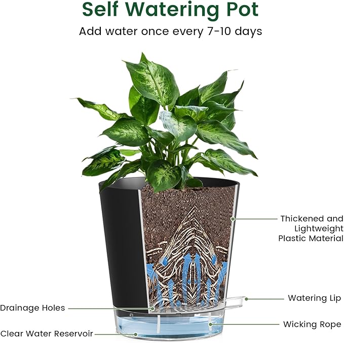 Meowell 4 inch Self Watering Pots for Indoor Plants, 5 Pack Small Flower Plant Pots with Drainage Holes and Clear Reservoirs, Visible Water Level, Plastic Planters with Wicking Rope, Black