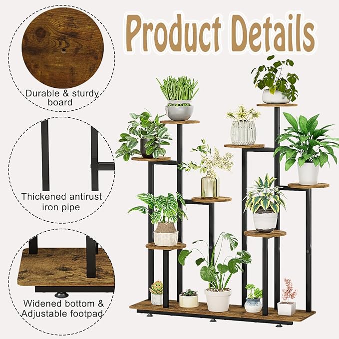 INGIORDAR Plant Stand Indoor Outdoor Corner Plant Shelf for Multiple Flower Pots Flower Stand Holder for Patio Garden Balcony Living Room (Black+Rustic Brown, 9 Tier)