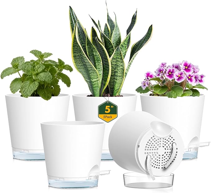 Meowell 5 inch Self Watering Flower Pots for Indoor Plants, 5 Pack Small Plant Pots with Drainage Holes & Clear Reservoir for Visible Water Level, Plastic Wicking Planter Pots for House Plants, White