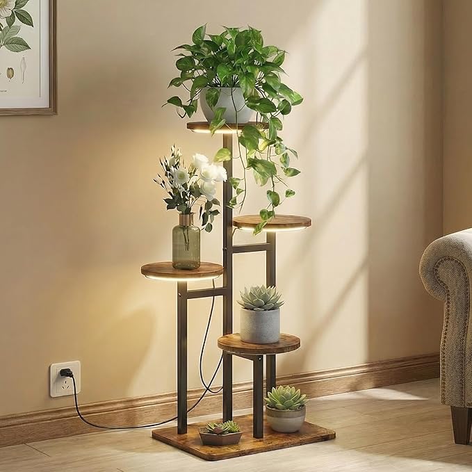 4 Tier Plant Stand Indoor with Grow Light, Tiered Plant Stands for Indoor Plants Multiple, Corner Flower Stand for Living Room, Multi-Layer Vintage Design Plant Shelf