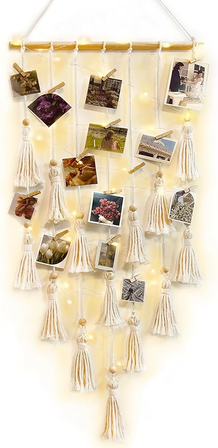 ANROYE Macrame Hanging Photo Display, Picture Holder with 30 Clips for Bedroom Wall, Polaroid Boho Gallery Hangers with LED Light String, Room Decor Gifts for 10 11 12 13 14 Year Old Teen Girl