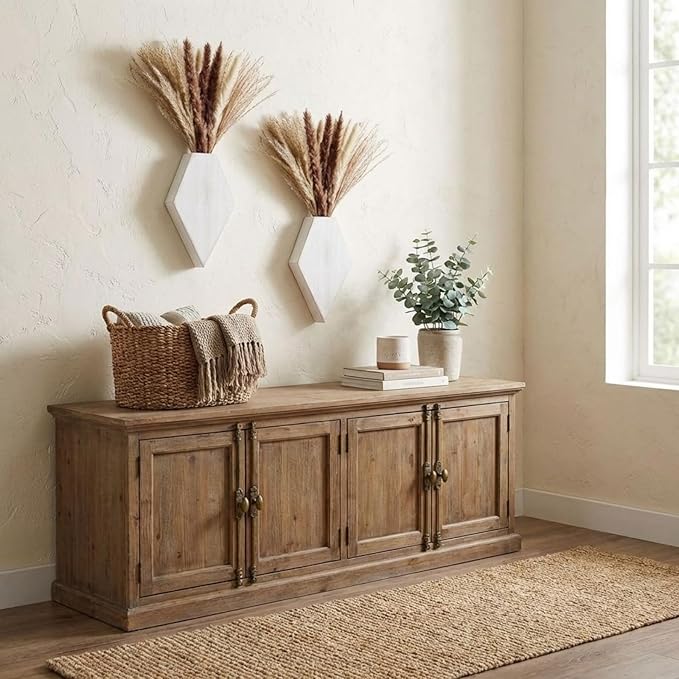 2 Pcs Bohemian Wooden Wall Planter Set with Pampas Grass Modern Farmhouse Wall Decor for Living Room, Bathroom, Bedroom, Office(White Distressed,Regular Style)