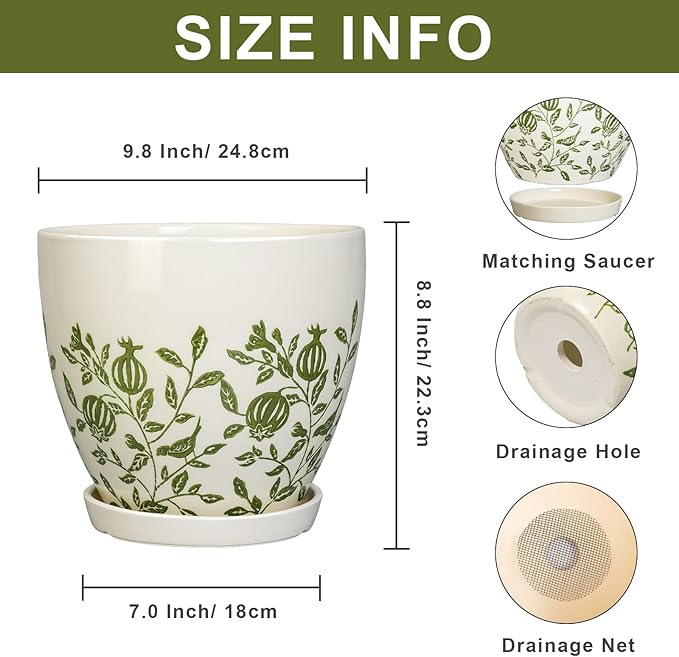 MPotTo 10 Inch Plant Pot - Ceramic Planter with Drainage Hole and Saucer, Boho Round Decorative Flower Pot for Indoor Plants, Housewarming Gifts, Office Garden Home Outdoor Decor, White