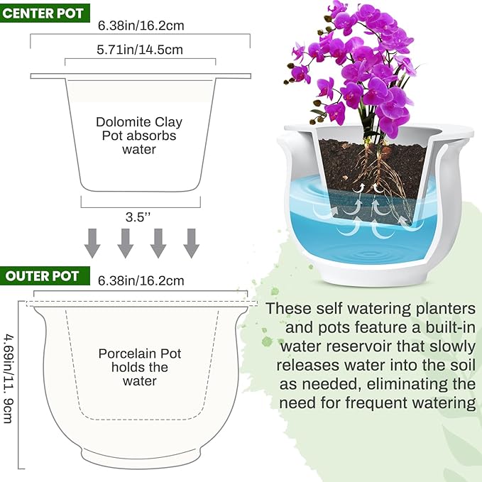 Suclain 2 Pack Ceramic African Violet Pots Self Watering Plant Pot Effortless Self Watering Plant Flower for Busy Lovers, Indoor(White,6.5 Inch)