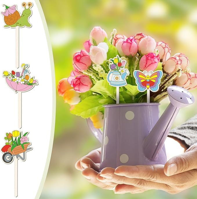 DoubleFill 15 Pcs Wooden Spring Plant Stakes Crafts Color Your Own Spring Sticks for Plant DIY Craft Kits Unfinished Wood Cutouts Butterfly Watering Can Snail Flower Shape for Gardener Gardening Gifts