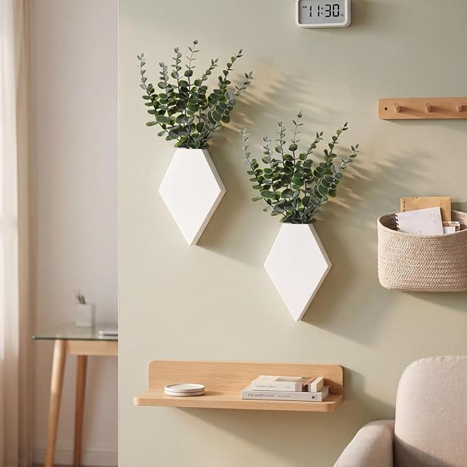 Chunful 2 Pcs Wooden Wall Planter Decor Hanging Fake Plants Greenery Flowers Holder Vase Boxes for Wall Bohemian Farmhouse Room Kitchen Office Indoor Decoration(White,7.1 x 4.7 x 1.2 Inches)