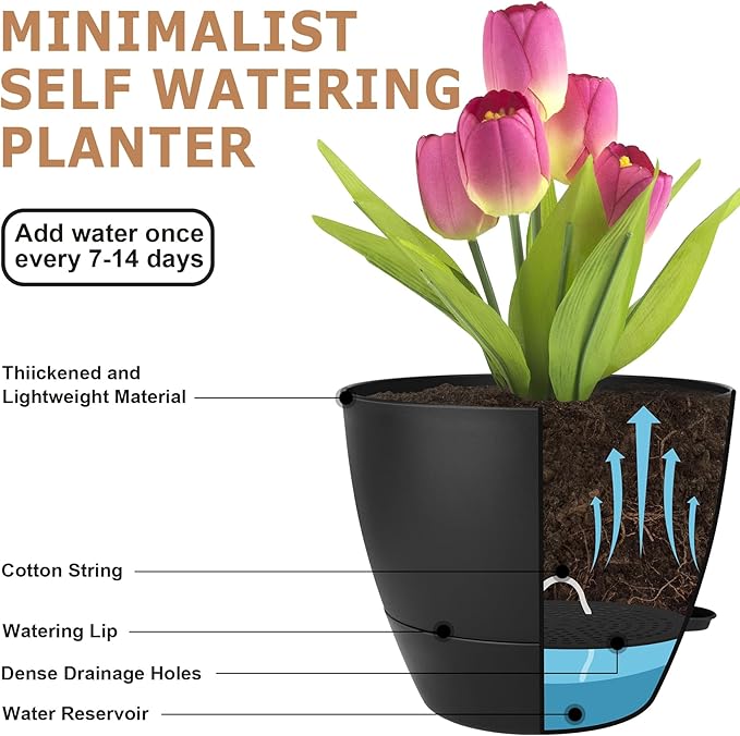 QRRICA Plant Pots 10/9/8/7.5/7 Inch Self Watering Pots, Set of 5 Plastic Planters with Drainage Holes and Saucers,Plastic Flower Pots,Nursery Planting Pot for Indoor Out Door Plants(All Black)