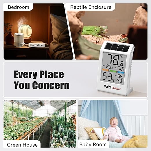 BaldrTherm Room Thermometer Indoor Humidity Meter Solar Powered with Max/Min Memory & Comfort Indicator - 3.2" Large Display for Home, White, 1Pack