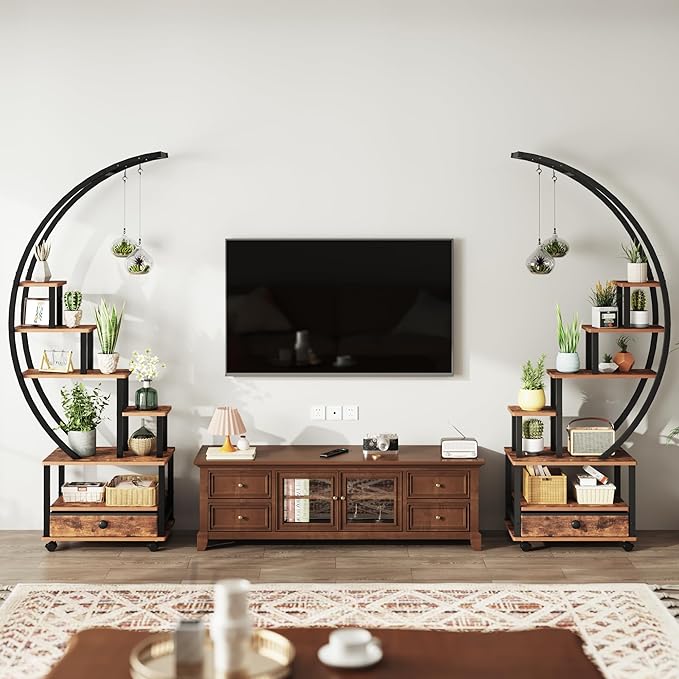 71” Tall 2 PCS Half Moon Indoor Plant Stand with Lockable Wheels, 14-Tier Plant Shelf with Drawer & Accessories, Plant Holder Display Rack for Multi-plants, Plant Rack for Balcony Living Room