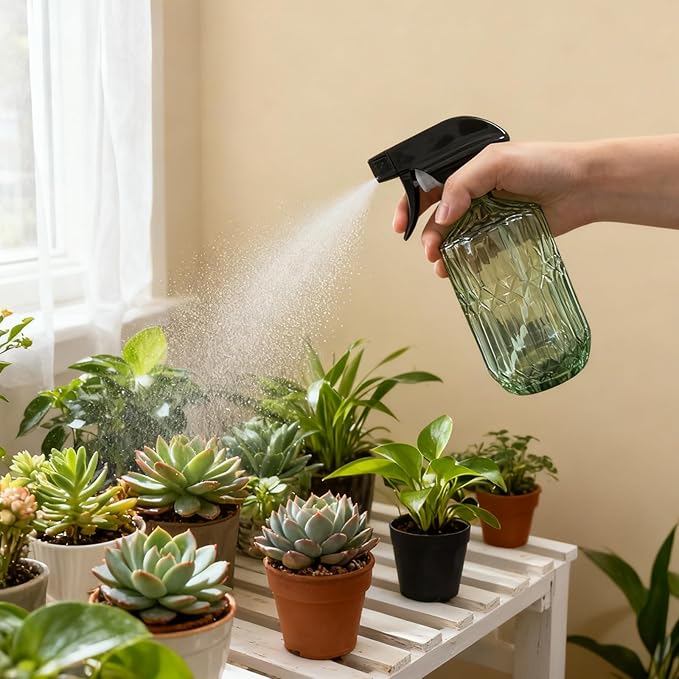 YYTSGG Glass Plant Mister Bottle, 15oz Refillable Water Spray Bottle with Adjustable Mist Nozzle for Indoor Flowers, Outdoor Gardening, Cleaning, Hair and Pets Care (Army Green)