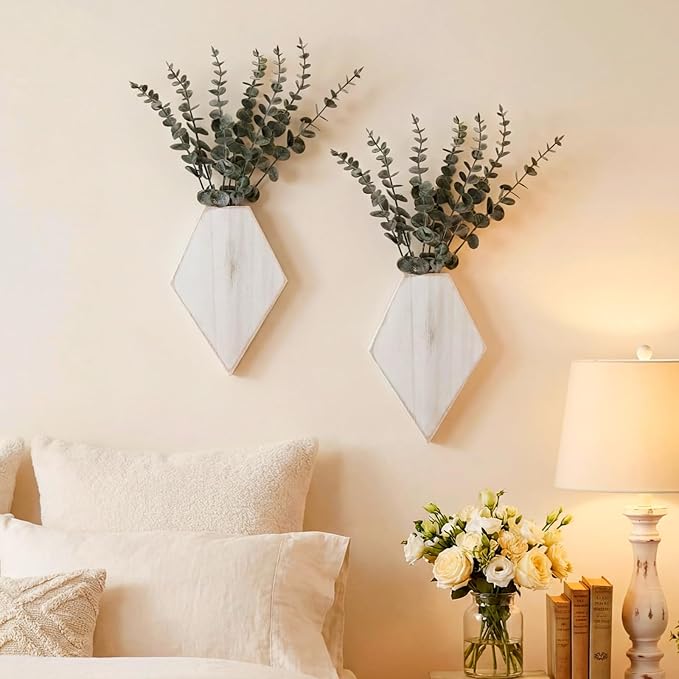 Chunful 2 Pcs Wooden Wall Planter Decor Hanging Faux Plants Greenery Flowers Holder Vase Boxes for Wall Bohemian Farmhouse Room Kitchen Office Indoor Decoration(Retro White,9.8 x 6.6 x 1.2 Inches)