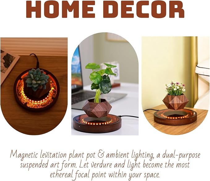 MOOCCI Magnetic Levitation Lamp, Floating Plant Pot with Glowing Base for Home Decor, Creates Romantic Ambiance, Modern Nightstand Lamp and Thoughtful Gift for Lover (Black)