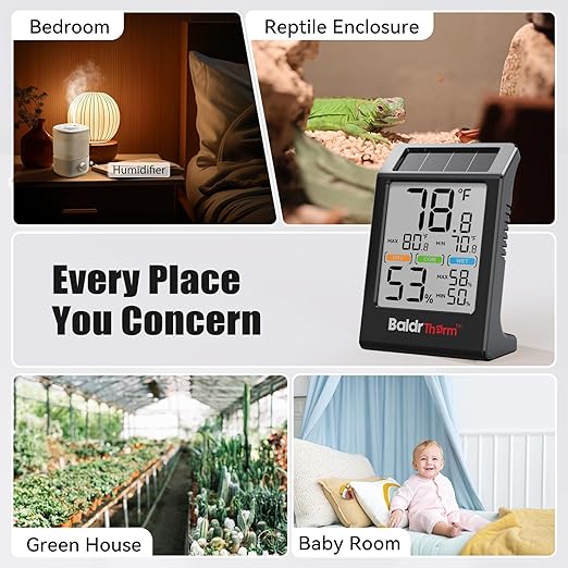 BaldrTherm Room Thermometer Indoor Humidity Meter Solar Powered with Max/Min Memory & Comfort Indicator - 3.2" Large Display for Home, Black, 1Pack