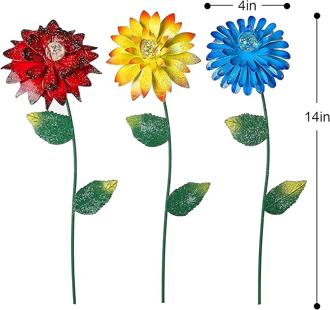 Metal Flower Decorative Garden Stakes Glow in Dark Pick Water Proof Metal Flowers Stick for Lawn Yard Patio,3 PCS