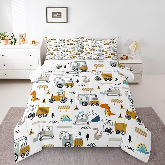 Feelyou Construction Bedding Set King Size Equipment Trucks Comforter Set for Kids Boys Girls Decor Dinosaur Comforter 3D Digital Print Yellow Duvet Set Bedroom Quilt Set