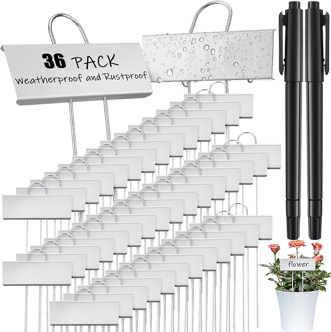 Maitys 38 Pcs Metal Plant Labels Garden Markers Outdoor Weatherproof 10.6 Inch Stainless Steel Nursery Tags Reusable Bulk with Pens for Flower Fruit Vegetable Seedling (Silver Label with Black Ink)