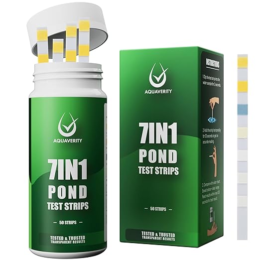 7-in-1 Pond Test Strips – Accurate Pond Water Test Kit for pH, Nitrate, Nitrite, Carbonate, Hardness, Total & Free Chlorine – Easy-to-Use Accessories for All Garden Ponds – 50 Strips