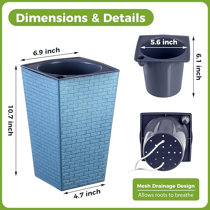 Self Watering Pots for Indoor Plants, 2 Pack Flower Pots Self Watering Planter 10.7" x 6.9" Plastic Pots African Violet Wick and Grow Pots Tall Orchid pots Square Large Plant Pots, Blue